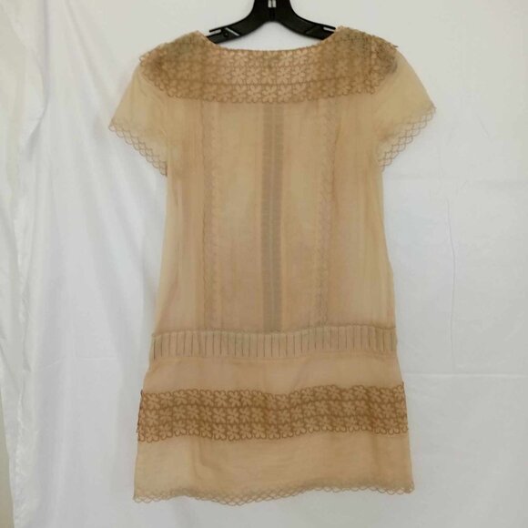 BCBG Maxazria Runway Tan Beige Lace Semi Sheer Drop Waist Mini Dress Size Small - Picture 4 of 14